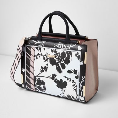 Black and white floral top bar tote bag